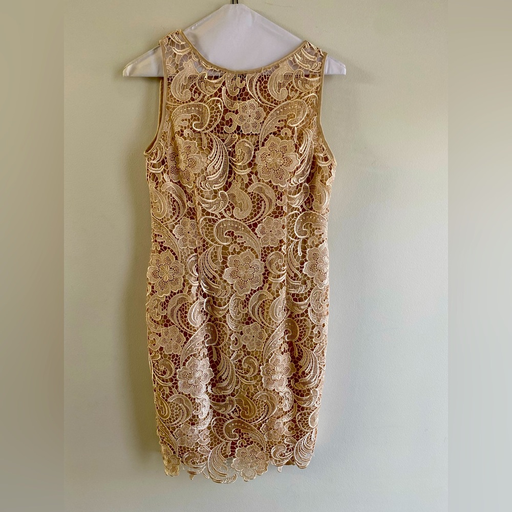 Adrianna Papell Gold Lace Sleeveless Sheath Knee Length Dress 6 Petite